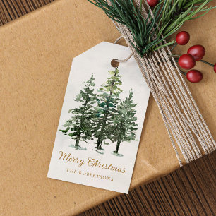 Vattfärgen Rustic Winter Gräs Träd jul Presentetikett