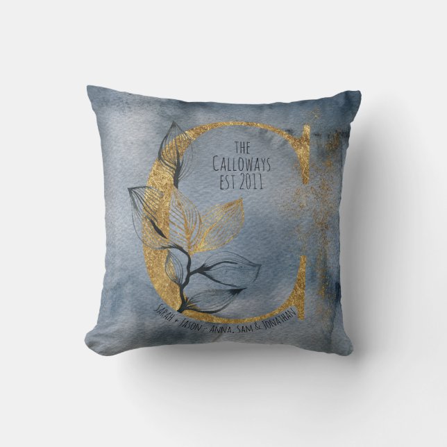 Vattfärgsblå Grått Guld C Monogram Dekorativ kudde (Framsida)