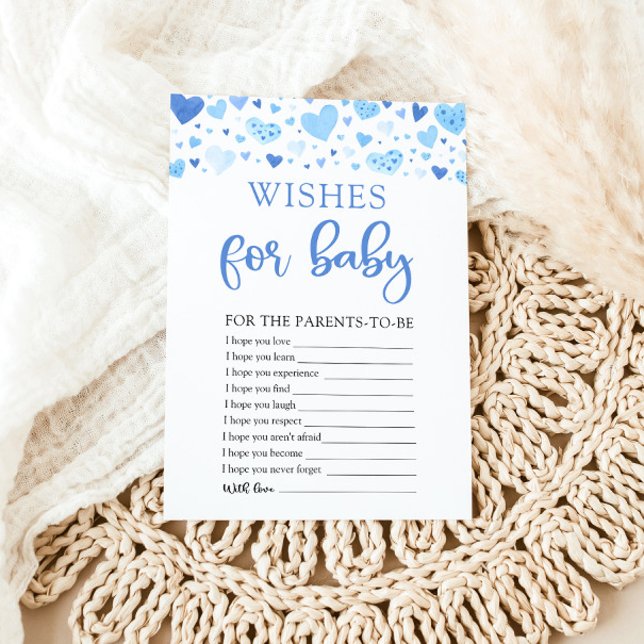 Vattfärgsblå Hearts Valentine Önskemål för Baby Inbjudningar (Watercolor Cute Blue Hearts Valentine Sweetheart February Baby Boy Wishes for Baby Baby Shower Game)