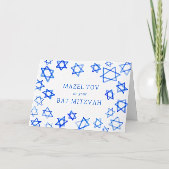 Vattfärgsblå stjärnor MAZEL TOV Bat mitzvah Kort (Framsida)