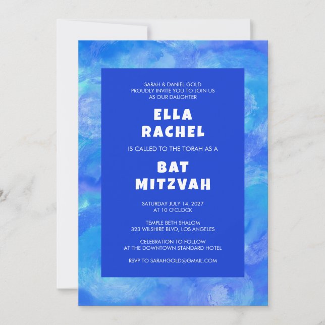 Vattfärgsblad Blått Anpassningsbar Pub Bat mitzvah Inbjudningar (Framsida)