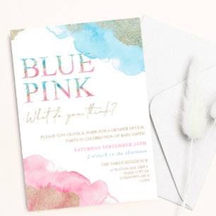 Vattfärgsblått Rosa Guld Glitter Gender Reveal Inbjudningar