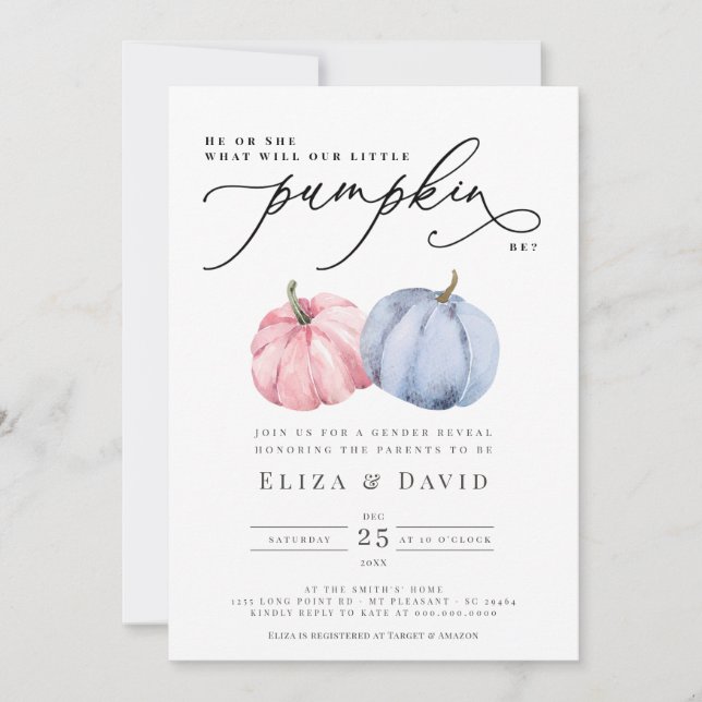  Vattfärgsblått Rosa Pumpkin Fall Gender Reveal Inbjudningar (Framsida)