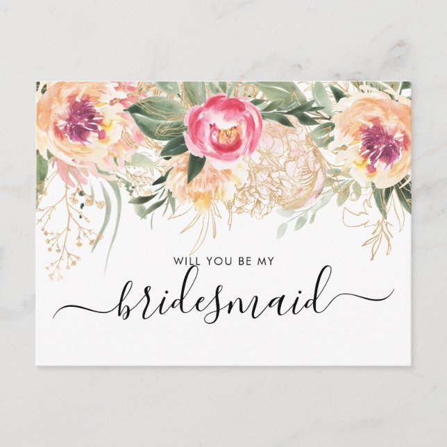 Vattfärgsbor Rosa Peonies blir min bridesmaid Vykort (Framsida)