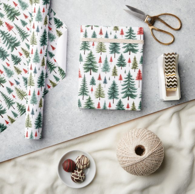 Vattfärgsfärgad Julgranar på vit Presentpapper (Hantverk)