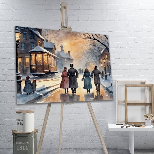 Vattfärgsfärgad Vintage Victorian Snowy Street Canvastryck (Skapare uppladdad)