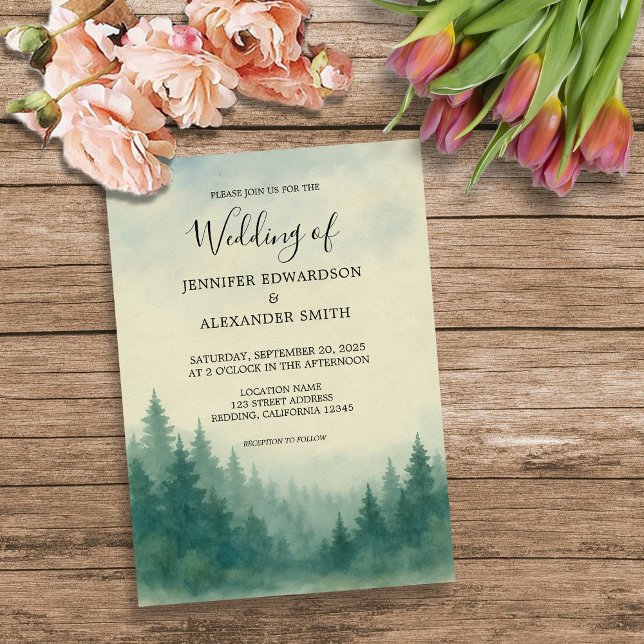 Vattfärgsinbjudan till skogsäsong i gräs träd inbjudningar (Rustic watercolor pine tree forest wedding invitation. )