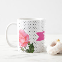 VattfärgsRosa ros på Svartvit Polka dots