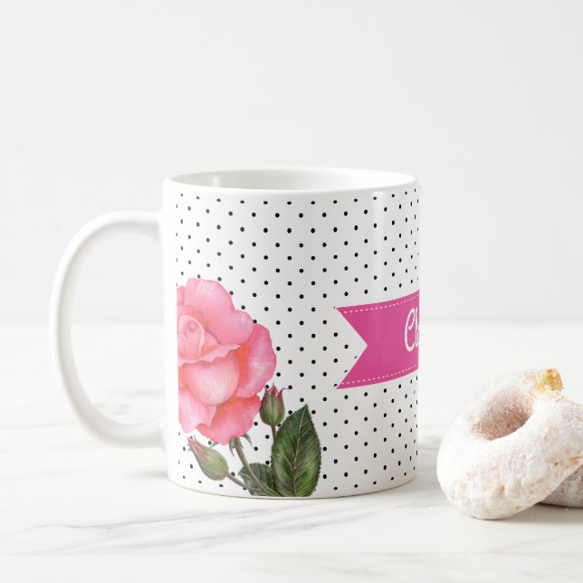 VattfärgsRosa ros på Svartvit Polka dots Kaffemugg (Med munk)