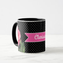 VattfärgsRosa ros på Svartvit Polka dots