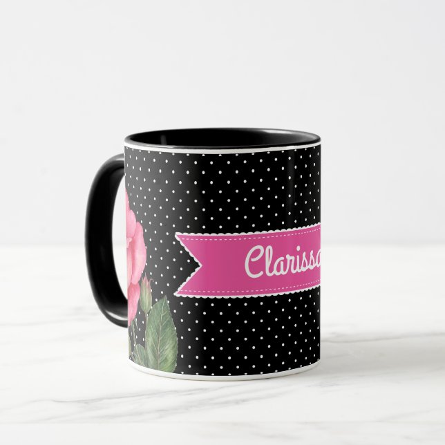 VattfärgsRosa ros på Svartvit Polka dots Mugg (Framsida vänster)