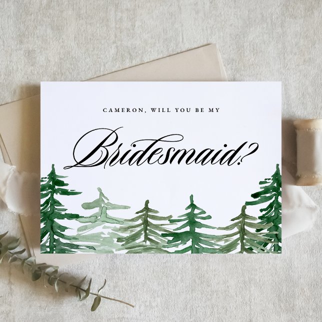 Vattfärgsskog kommer du att bli min bridesmaid inbjudan vykort (Customizable woodland Will You Be My Bridesmaid card featuring watercolor enchanted forest.)