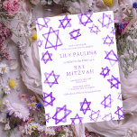 Vattfärgsstjärnan för Lila av David Pub Bat mitzva Inbjudningar<br><div class="desc">Perfekt roligt kort för att tillkännage ett bat mitzvah, pub mitzvah eller annat judiskt firande! Hand gjorde vattenfärgsgrafik åt dig på framsidan och baksidan! FULLT ANPASSADE! Klicka på "Anpassa" ovan om du vill redigera texten. Klicka på "Redigera med verktyg" om du vill justera typsnitt, färg och placeringar och ta bort...</div>