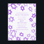 Vattfärgsstjärnan för Lila av David Pub Bat mitzva Meddelande Vykort<br><div class="desc">Perfekt kort för att meddela kommande datum för en bat mitzvah, pub mitzvah eller annat judisk firande! Hand gjorde vattenfärgsgrafik åt dig på framsidan och baksidan! FULLT ANPASSADE! Klicka på "Anpassa" ovan om du vill redigera texten. Klicka på "Redigera med verktyg" om du vill justera typsnitt, färg och placeringar och...</div>