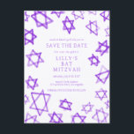 Vattfärgsstjärnan för Lila av David Pub Bat mitzva Meddelande Vykort<br><div class="desc">Perfekt kort för att meddela kommande datum för en bat mitzvah, pub mitzvah eller annat judisk firande! Hand gjorde vattenfärgsgrafik åt dig på framsidan och baksidan! FULLT ANPASSADE! Klicka på "Anpassa" ovan om du vill redigera texten. Klicka på "Redigera med verktyg" om du vill justera typsnitt, färg och placeringar och...</div>