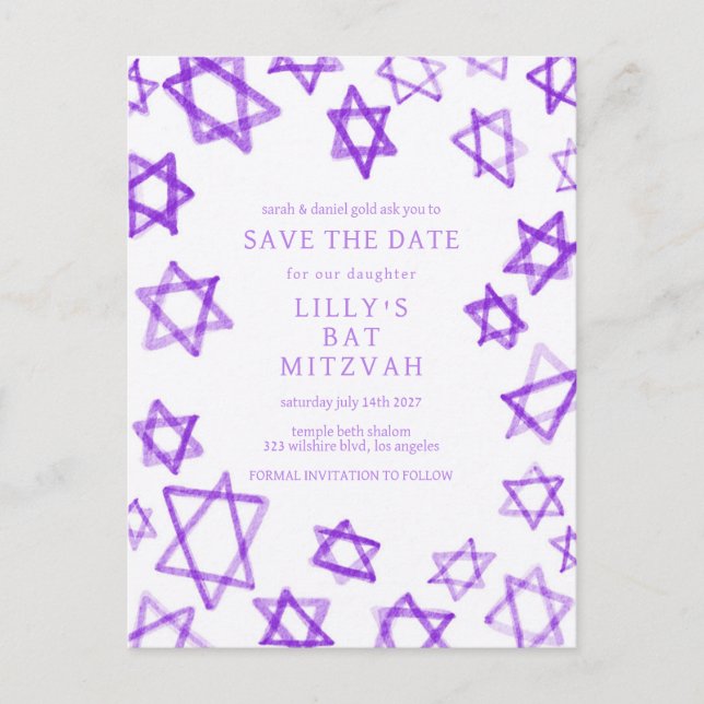 Vattfärgsstjärnan för Lila av David Pub Bat mitzva Meddelande Vykort (Framsida)