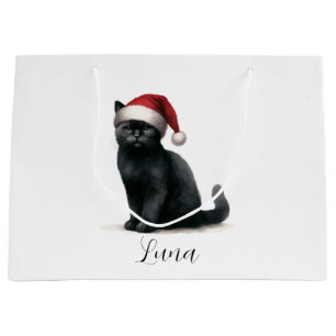 Vattfärgssvart katt i Festive Santa Hat Gift Bag