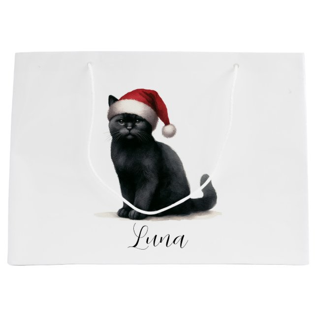 Vattfärgssvart katt i Festive Santa Hat Gift Bag (Framsidan)