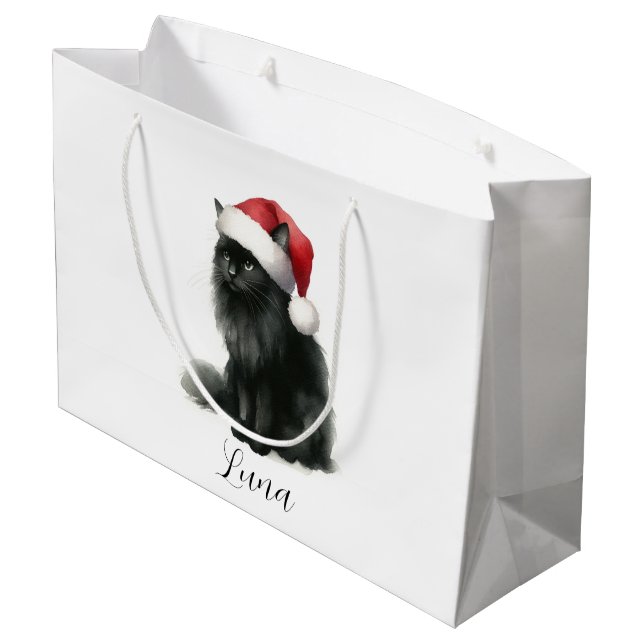 Vattfärgssvart katt i Festive Santa Hat Gift Bag (Baksidan Vinklad)