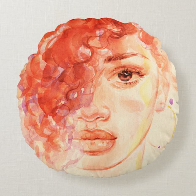 Vattfärgsvacker flicka rund kudde (Framsidan)