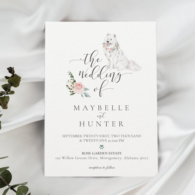 Vattfärgsvit provfärgad Hund och Blommigt Rosa ros Inbjudningar (Skapare uppladdad)