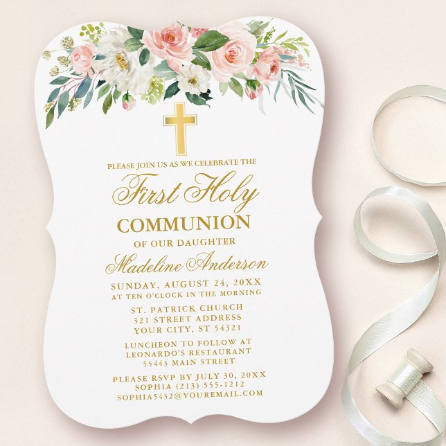 Vattfärgsvit Rosa Vita Blommigten Guld Första komm Inbjudningar (Customize to change text size, style, color or to add more text or photos to back of card.)