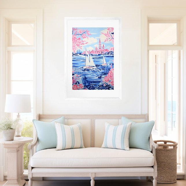 Vattfärgsvit segelbåtar Blå Vatten Rosa Blommigt Poster (Skapare uppladdad)