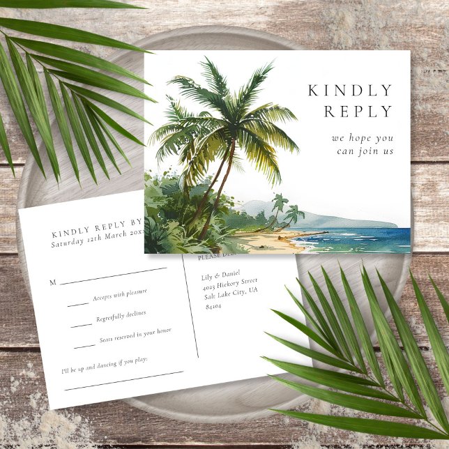 Vattfärgsvykort för OSA av begäran om  för Handfla Inbjudan Vykort (Watercolor Palm Beach Song Request RSVP Postcard)