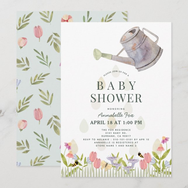 Vattnet kan Blommigt Garden Theme Baby Shower Inbjudningar (Fram/baksida)