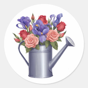 Vattnet kan med färgade trädgårdsblommor runt klistermärke