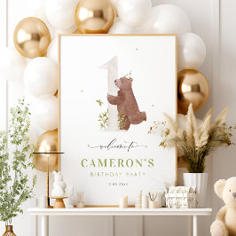 Vattnfärg Bear Woodland Första födelsedag Poster
