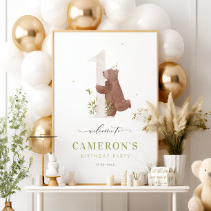 Vattnfärg Bear Woodland Första födelsedag Poster