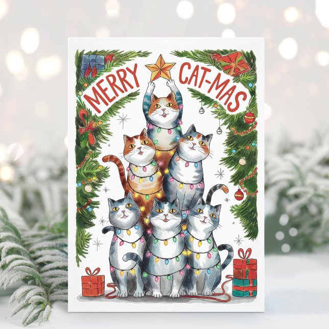 Vattnfärgsfynny Merry Catmas-julkort Julkort (Funny Cats Christmas Card)