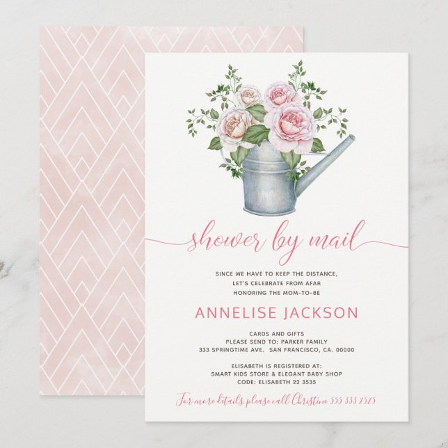 Vattningskanna rosa rosor baby shower via posten inbjudningar (Fram/baksida)