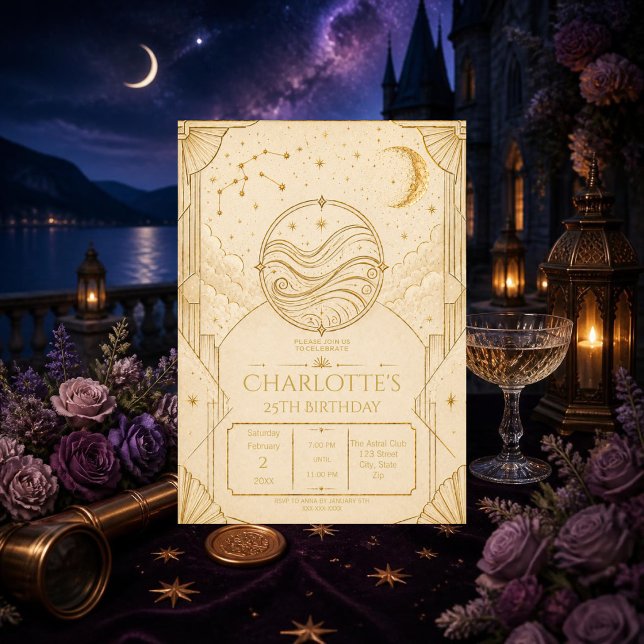 Vattumannens 25-års födelsedagsinbjudan | Eleganta Inbjudningar (Dreamy Aquarius 25th birthday invitation with elegant gold celestial details and zodiac style.)