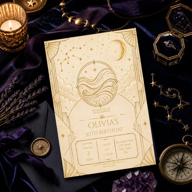 Vattumannens 30-års födelsedagsinbjudan | Eleganta Inbjudningar (Elegant Aquarius 30th birthday invitation with celestial Art Deco design for astrology celebrations.)