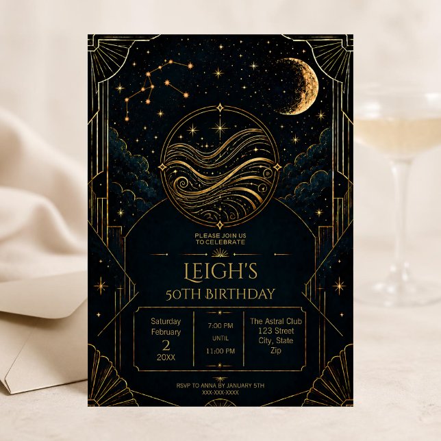 Vattumannens 50-års födelsedagsinbjudan | Mörk Art Inbjudningar (Elegant Aquarius 50th birthday invitation with luxurious dark Art Deco celestial zodiac design.)