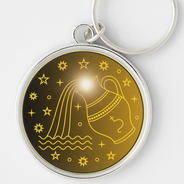 Vattumannens stjärntecken Emblem | Minimalt Celest Rund Silverfärgad Nyckelring (Framsidan)