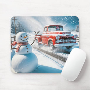Väv Snögubbe med ett rött Retro Lastbil Musmatta