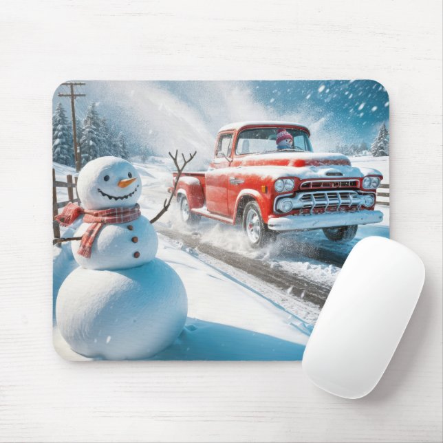 Väv Snögubbe med ett rött Retro Lastbil Musmatta (Med mus)