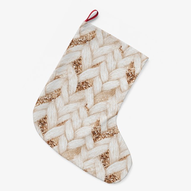 Vävd krämfärgade konstmaterial med guldglitter stor julstrumpa (Framsidan (Hängande))