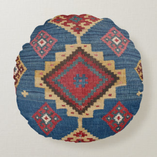 Vävda Kilim-färgade Royal blå Gult Rund Kudde