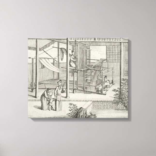 "Vävningen av Flower'd Silke, två kvinnor i arbete Canvastryck (Framsida)