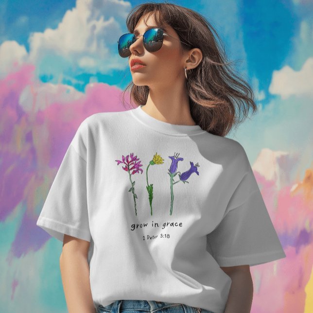 Väx I Nåde Vildblomma T Shirt (Grow In Grace Wildflower Bible Verse T-shirt)