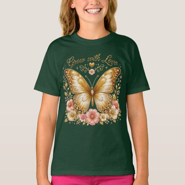 Väx med kärlek Guld Fjäril Blommig Barn T-Shirt (Framsida)