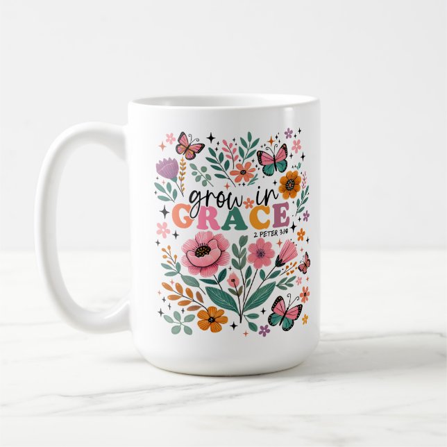 Växa i nåd blommande kristen kaffemugg (Vänster)