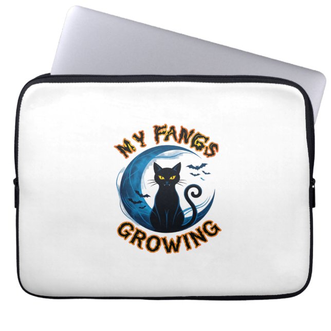 Växande hörntänder Halloween Svart Katt Blå Månad  Laptop Fodral (Framsidan)