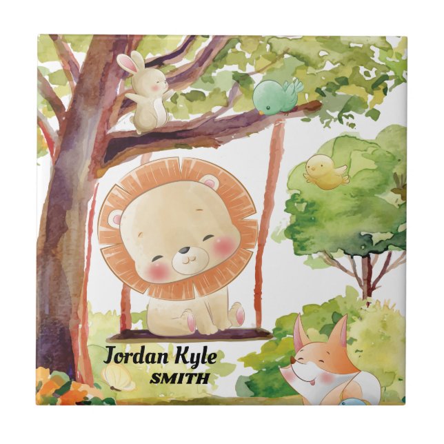 Växande Lejon, räv, flott och fågel  natur Kakelplatta (Framsidan)