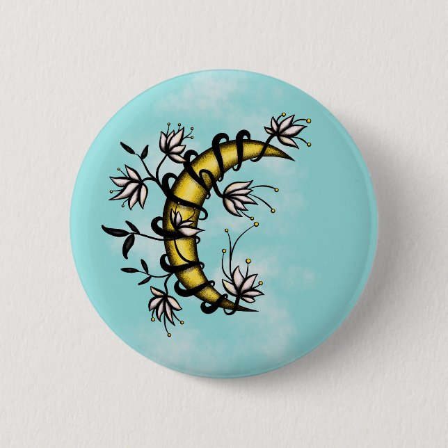 Växande måne som slås in i blommatatueringstil knapp (Framsida)