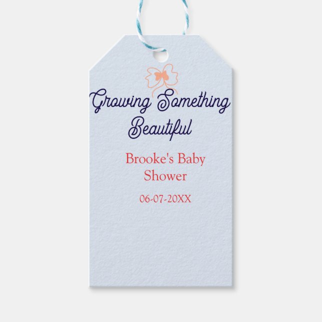 växande något vackert persika slinga baby shower  presentetikett (Framsidan)